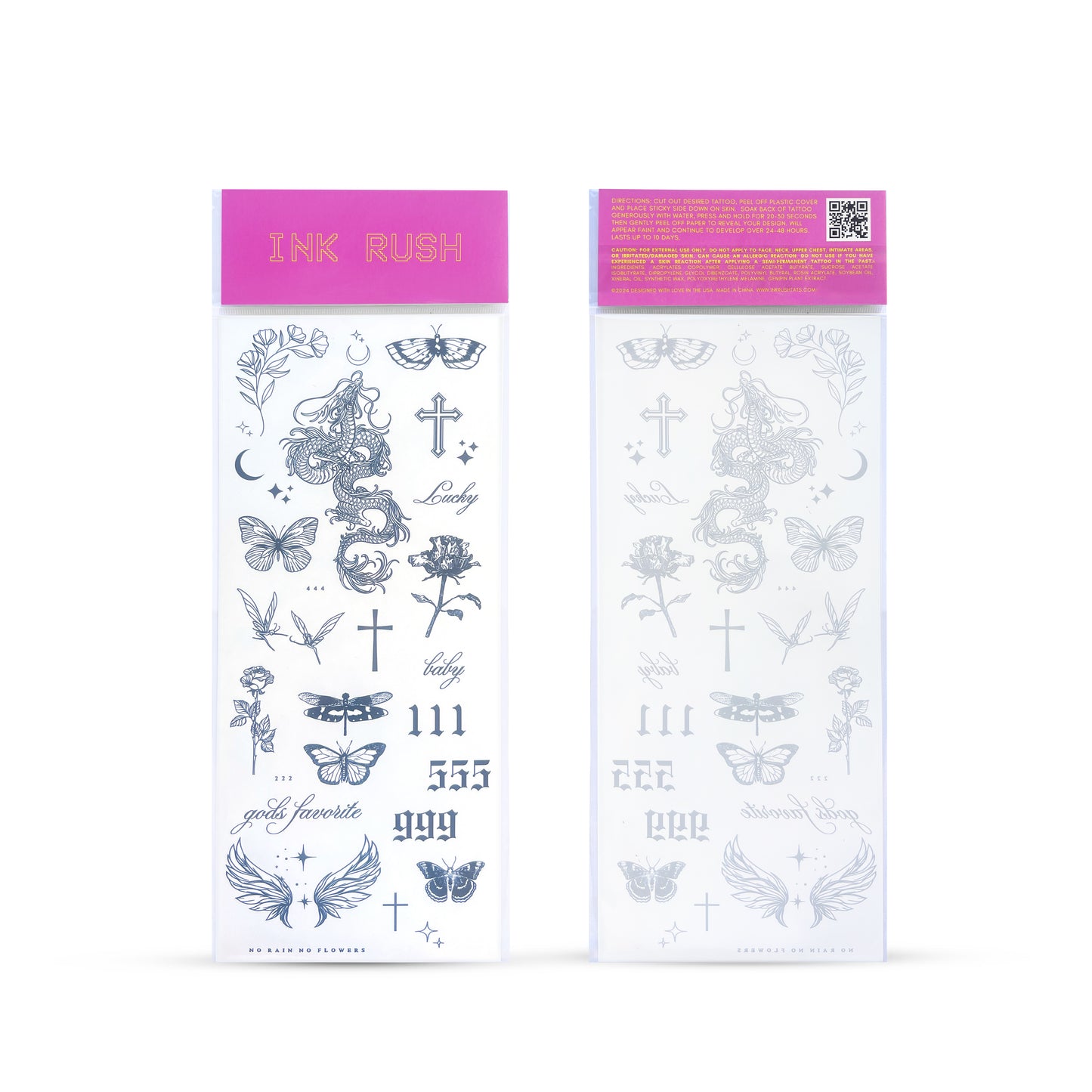 The image shows two packages of temporary tattoos. The left package has a pink label with the text 'VOLUME 2' and the right package has a pink label with a QR code.