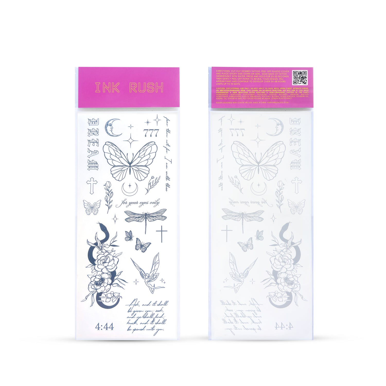 Two packages of temporary tattoos with various designs, displayed against a white background.